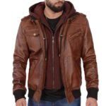 Mens and Womens Biker Bomber Brown Leather Hooded Jacket