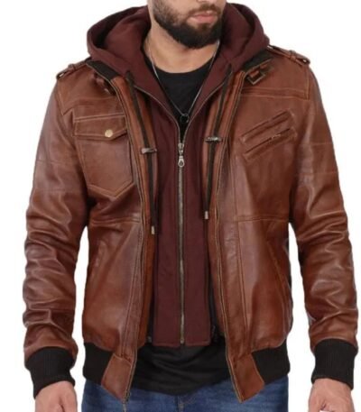 Mens and Womens Biker Bomber Brown Leather Hooded Jacket