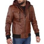 Mens and Womens Biker Bomber Brown Leather Hooded Jacket
