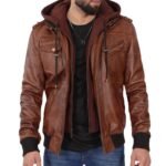Mens and Womens Biker Bomber Brown Leather Hooded Jacket