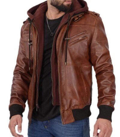 Mens and Womens Biker Bomber Brown Leather Hooded Jacket
