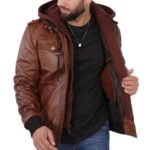 Mens and Womens Biker Bomber Brown Leather Hooded Jacket