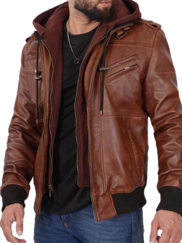 Mens and Womens Biker Bomber Brown Leather Hooded Jacket