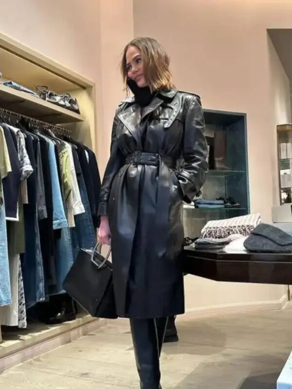 NYC Chrissy Teigen Black Leather Trench Coat