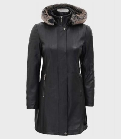 Nancy Fur Hooded Black Leather Coat With Hood