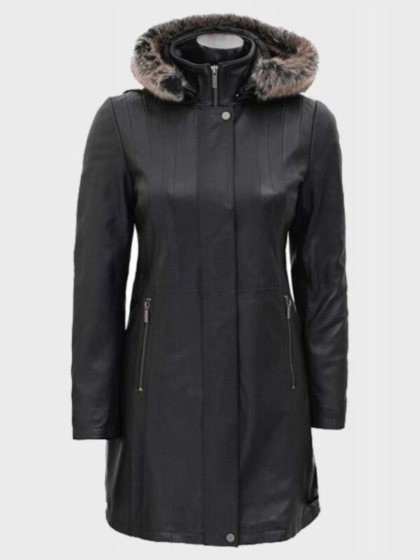 Nancy Fur Hooded Black Leather Coat With Hood