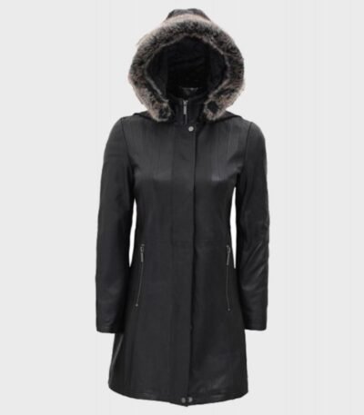 Nancy Fur Hooded Black Leather Coat With Hood