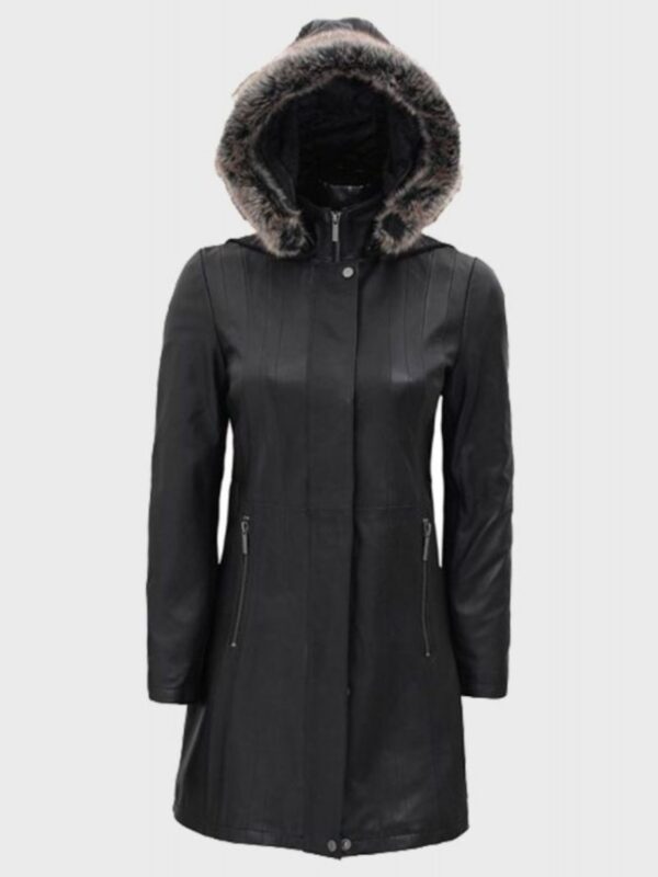 Nancy Fur Hooded Black Leather Coat With Hood