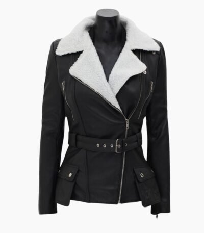 Natalie Shearling Leather Black Belted Biker Jacket