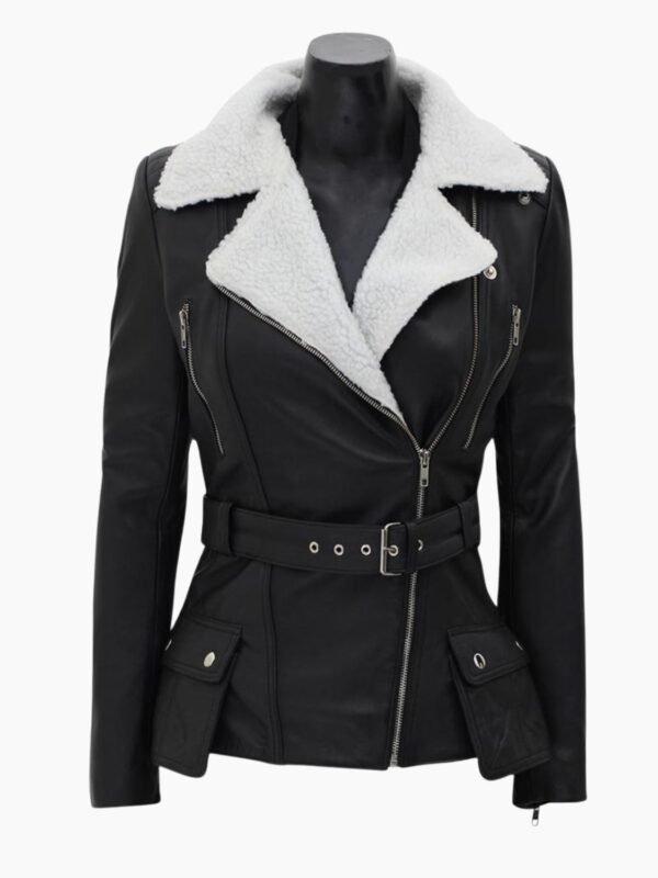 Natalie Shearling Leather Black Belted Biker Jacket