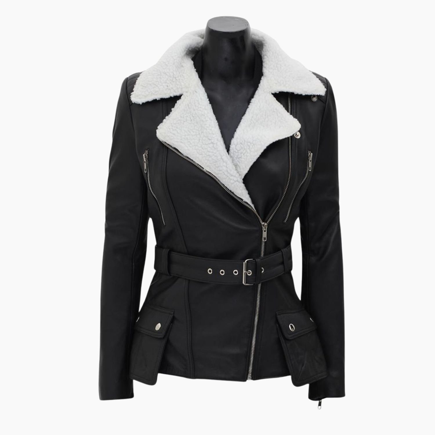 Natalie Shearling Leather Black Belted Biker Jacket Natalie Shearling Leather Black Belted Biker Jacket