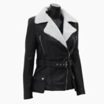 Natalie Shearling Leather Black Belted Biker Jacket