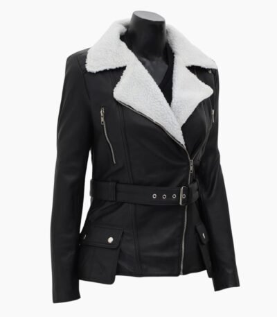 Natalie Shearling Leather Black Belted Biker Jacket