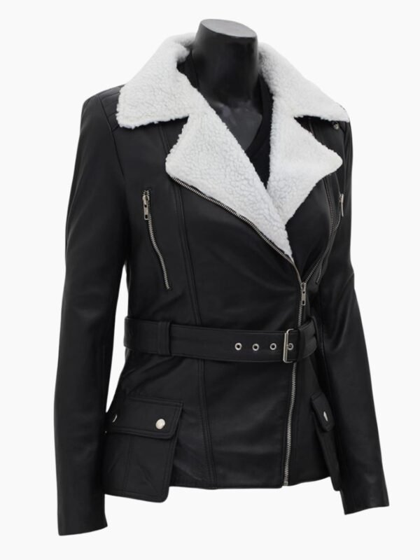Natalie Shearling Leather Black Belted Biker Jacket