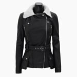 Natalie Shearling Leather Black Belted Biker Jacket