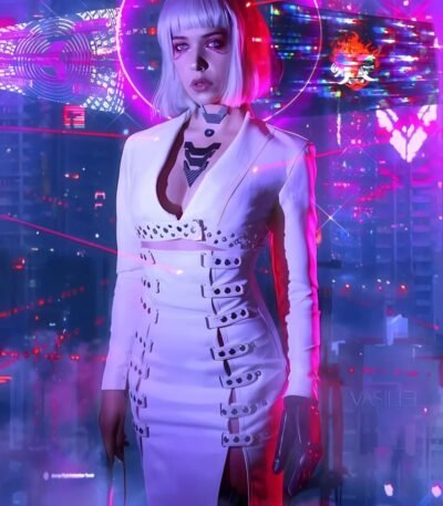 Neon Girl Cyber Punk 2077 White Leather Coat