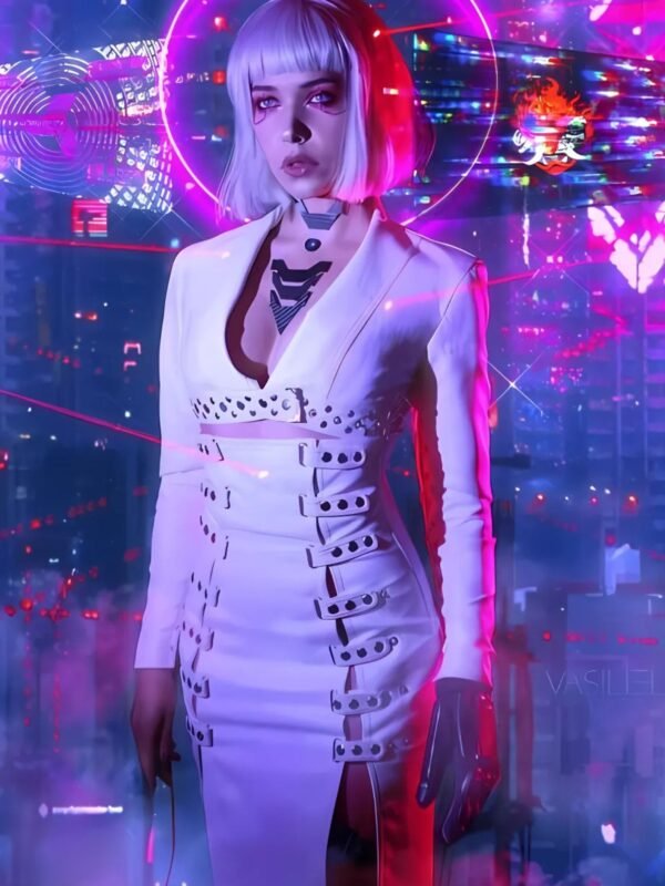 Neon Girl Cyber Punk 2077 White Leather Coat