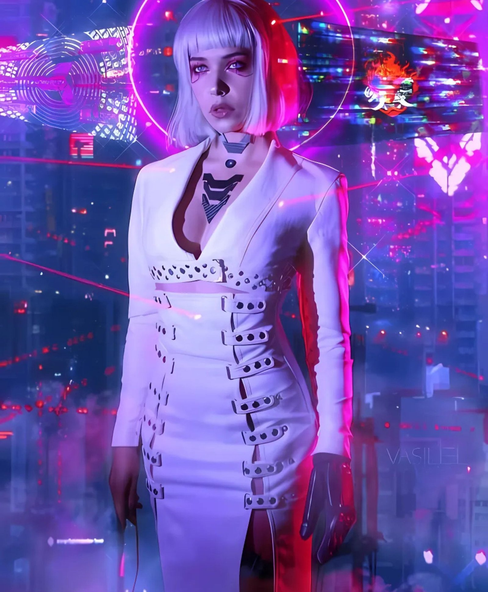 Neon Girl Cyber Punk 2077 White Leather Coat Neon Girl Cyber Punk 2077 White Leather Coat