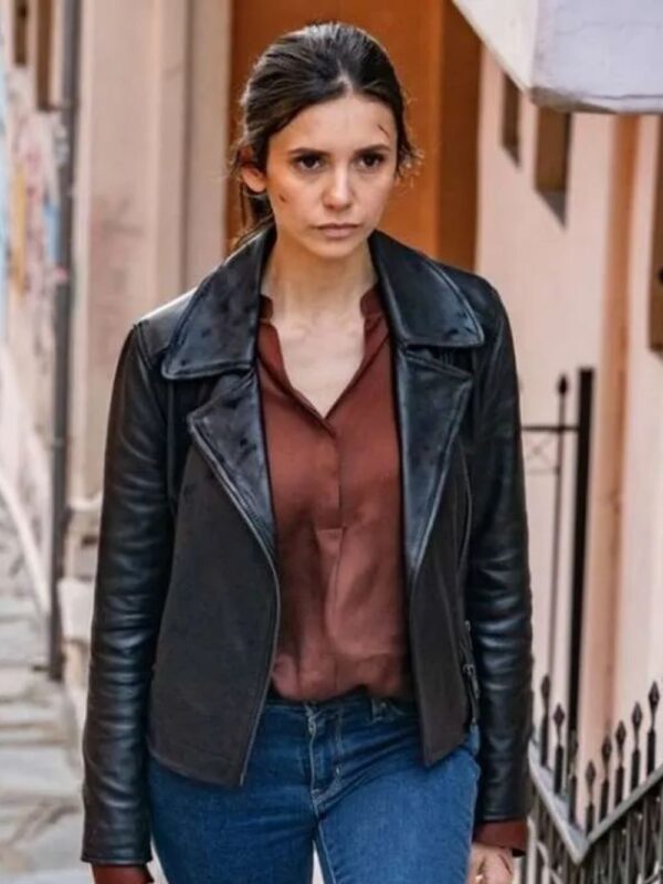 Nina Dobrev The Bricklayer 2024 Black Leather Jacket