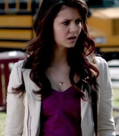 Nina Dobrev The Vampire Diaries S04 Beige Leather Jacket