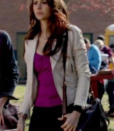 Nina Dobrev The Vampire Diaries S04 Beige Leather Jacket