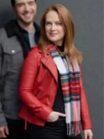 Olivia Our Christmas Mural 2023 Red Leather Jacket