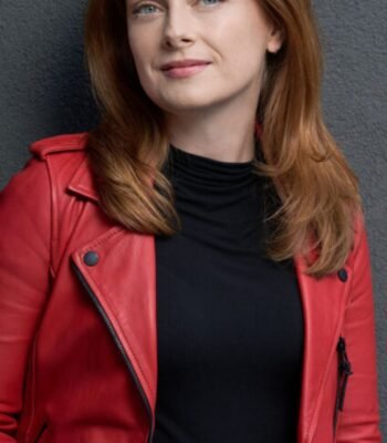 Olivia Our Christmas Mural 2023 Red Leather Jacket