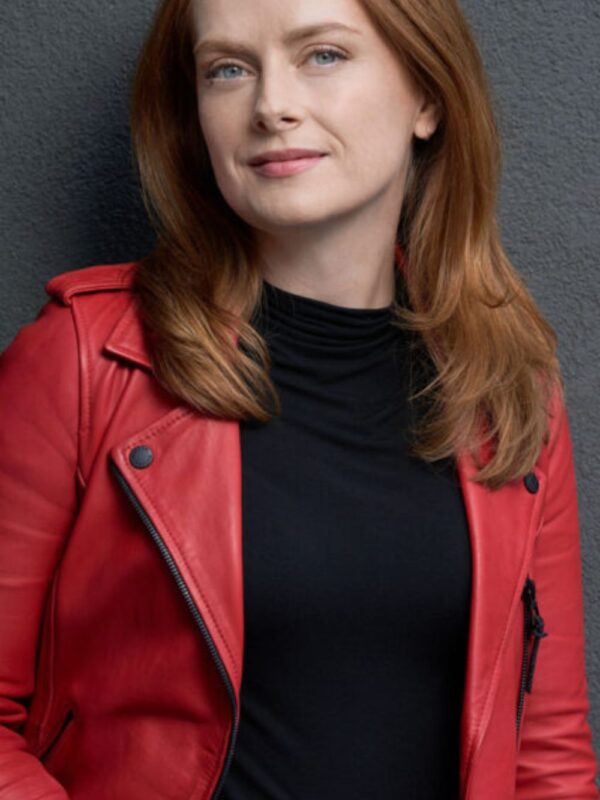 Olivia Our Christmas Mural 2023 Red Leather Jacket