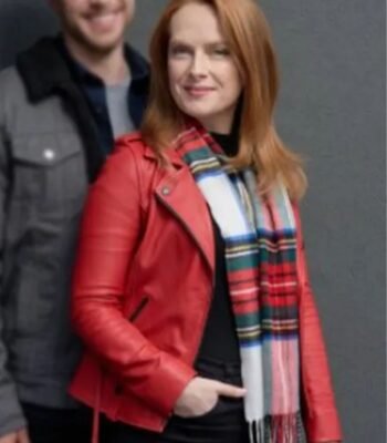 Olivia Our Christmas Mural 2023 Red Leather Jacket