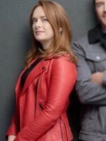 Olivia Our Christmas Mural 2023 Red Leather Jacket