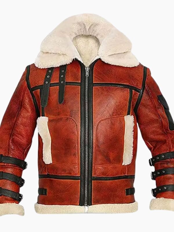 Pry Double Collar B-3 Shearling Red Leather Aviator Jacket