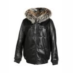 Reversible Black Leather Fox Fur Bomber Hood Jacket