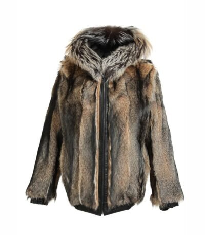 Reversible Black Leather Fox Fur Bomber Hood Jacket