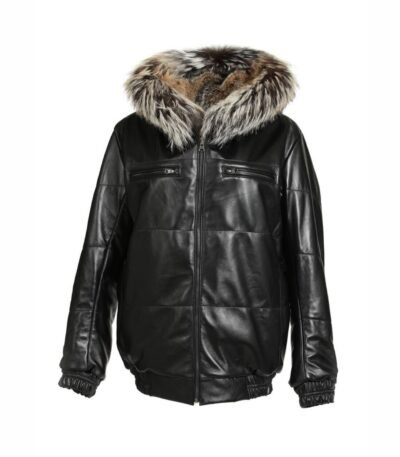 Reversible Black Leather Fox Fur Bomber Hood Jacket