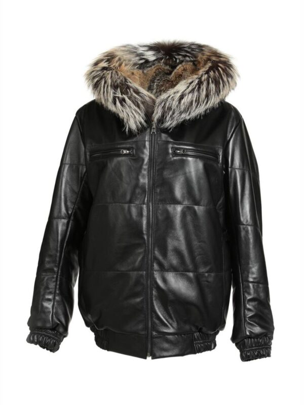 Reversible Black Leather Fox Fur Bomber Hood Jacket