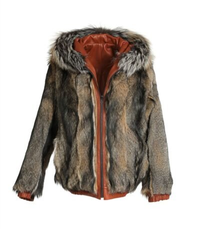 Reversible Fox Brown Leather Hooded Bomber Jacket