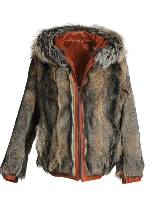 Reversible Fox Brown Leather Hooded Bomber Jacket