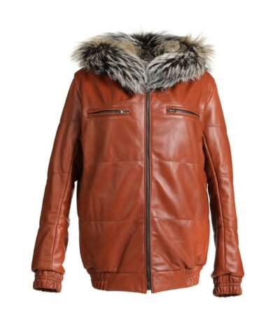 Reversible Fox Brown Leather Hooded Bomber Jacket