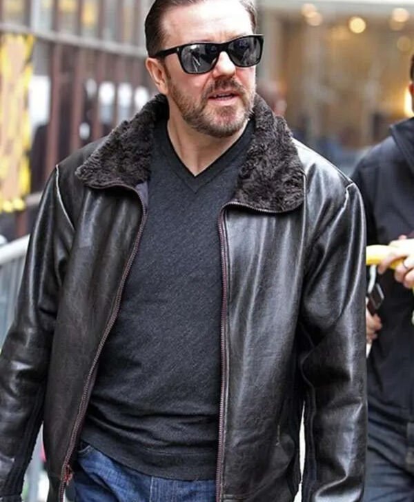 Ricky Gervais After Life Black Fur Collar Jacket