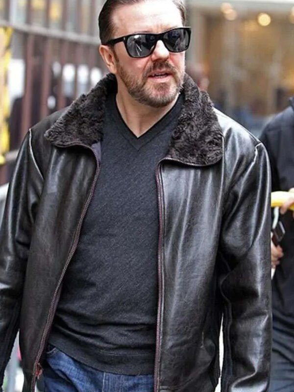 Ricky Gervais After Life Black Fur Collar Jacket