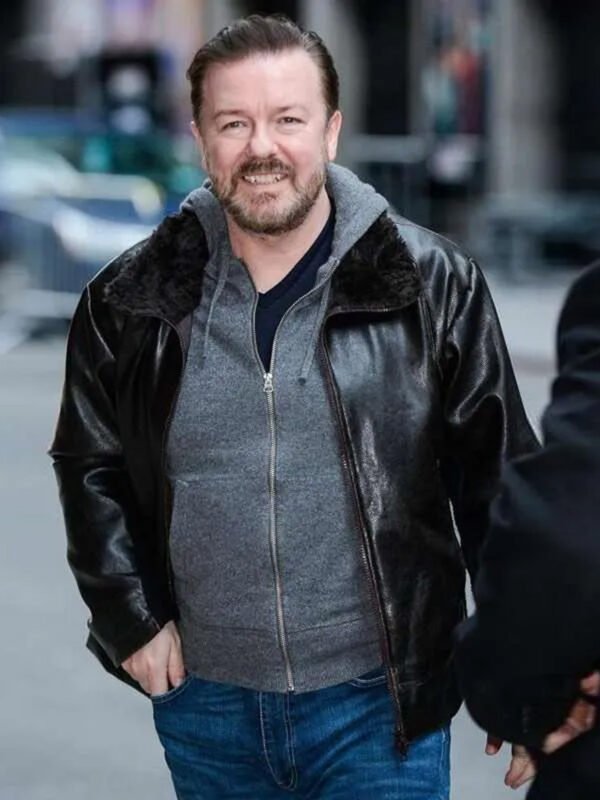 Ricky Gervais After Life Black Fur Collar Jacket