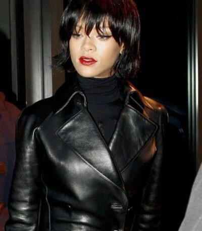 Rihanna Genuine Leather Black Coat