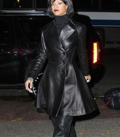 Rihanna Genuine Leather Black Coat