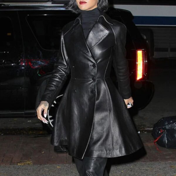 Rihanna Genuine Leather Black Coat