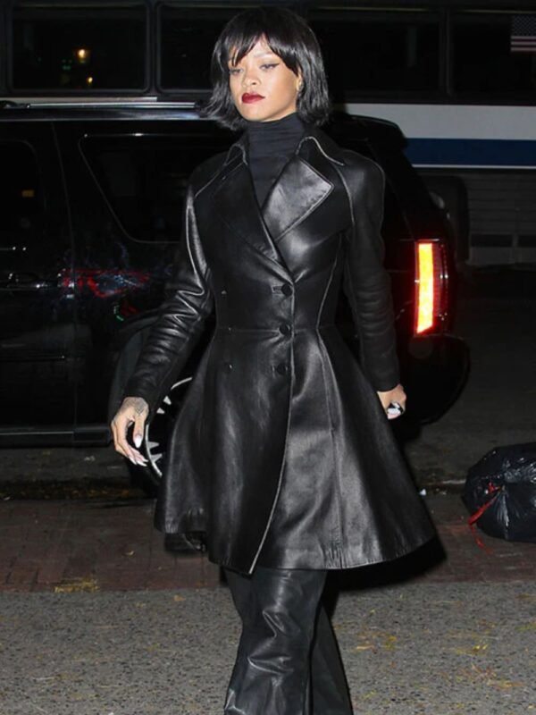 Rihanna Genuine Leather Black Coat