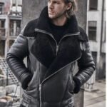 Rogers Double Collar Biker Aviator Black Leather Jacket
