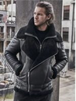 Rogers Double Collar Biker Aviator Black Leather Jacket