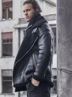 Rogers Double Collar Biker Aviator Black Leather Jacket