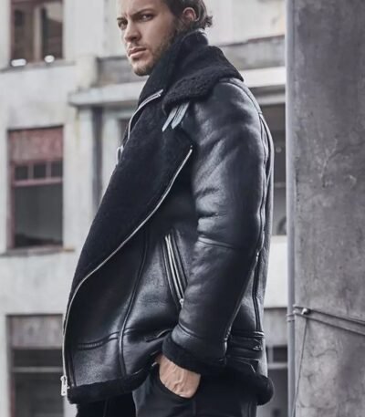 Rogers Double Collar Biker Aviator Black Leather Jacket