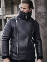 Rogers Double Collar Biker Aviator Black Leather Jacket